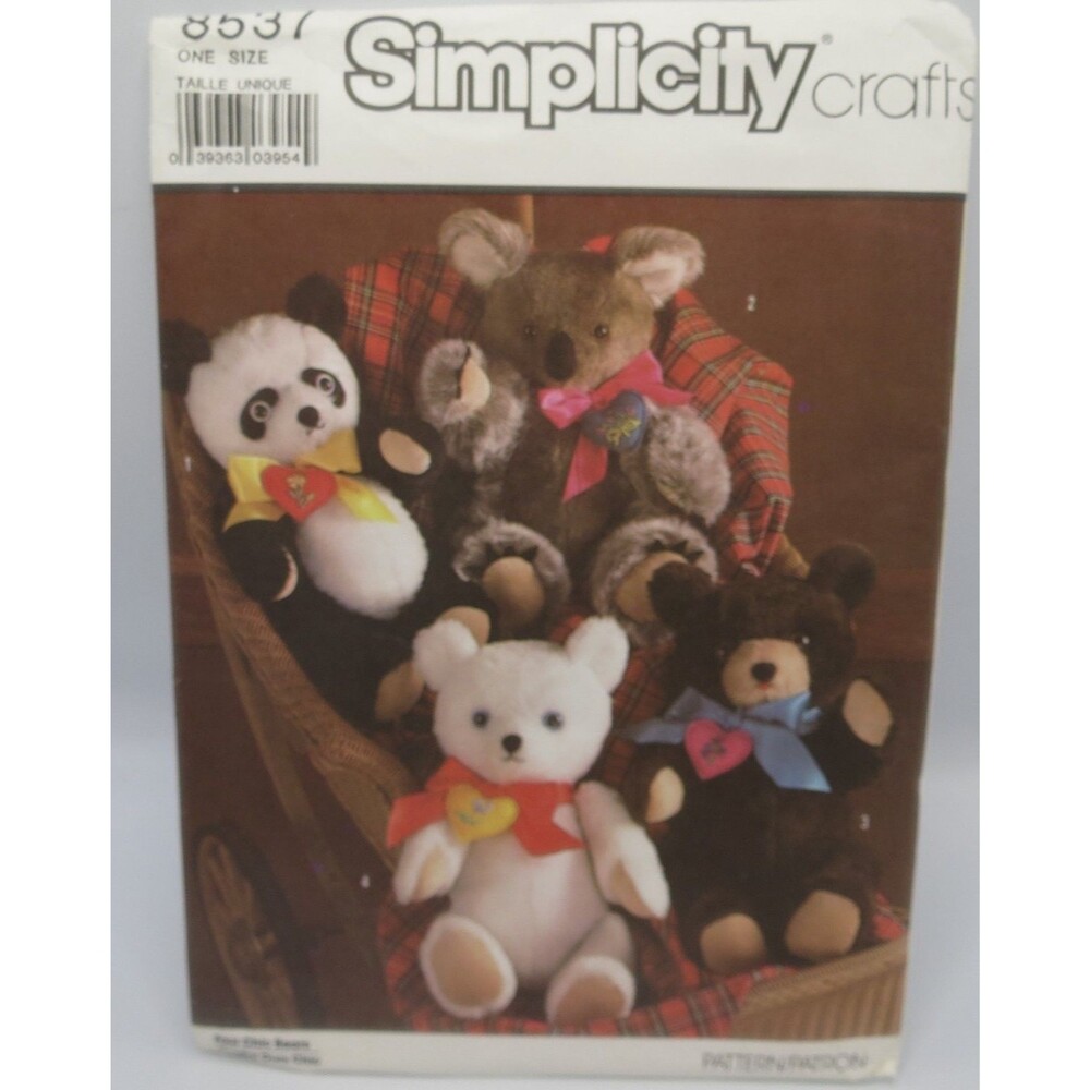 Simplicity Crafts 8537 4 Bears Stuffed Animal Plush Toy Pattern ONE SIZE 1988